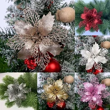6/12Pcs Glitter Christmas Poinsettia Hanging Flowers Party Tree Decoration Xmas