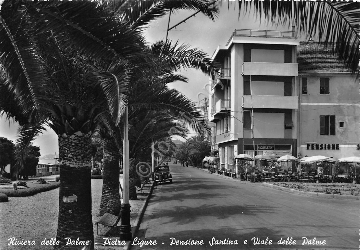 Cartolina Pietra Ligure Pensione Santina Viale delle Palme timbro Soggiorno 1957