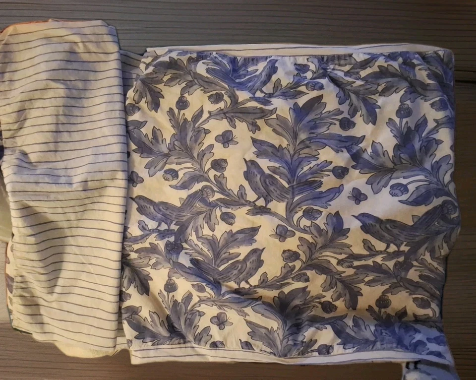 2- KING Pillowcases Jacobean Birds Butterflys & Stripe Floral Blue & White  - Image 4 of 4