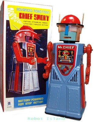 Mr. Chief Smoky Robot Battery Op Tin Toy KO Japan Design Blue | eBay