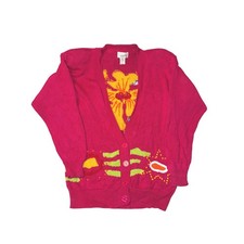 Vtg Pappagallo Sport Pink Floral Cardigan Sweater Womens Large Tropical Ramie