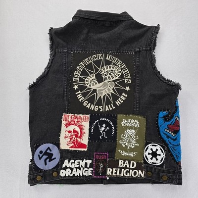 Punk Rock Vest Mens XXL Black Denim Patched Sleeveless Jacket Custom Patches