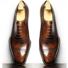 Handcrafted New Men's Brown Leather Cap Toe Lace Up Brogue Dress Formal Shoes