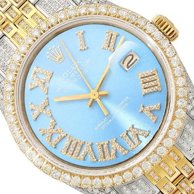 Rolex Datejust Custom Iced Sky Blue Roman Diamond Dial Jubilee Band 36mm Watch