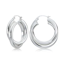 Sterling Silver Square-Tube 25mm Crossover Double Round Hoop Earrings