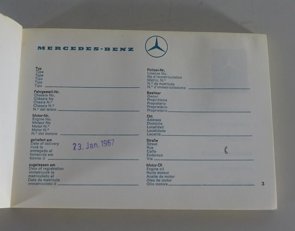 Chequera Mercedes-Benz R113 280 SL / W108 / W109 / W111 / W112 C / C 09/1966 Foto 2 de 4