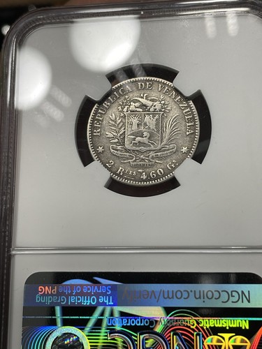 NGC VF Venezuela 1858 - A Silver 2 Reales Genuine Antique Rare Low Mintage Coin - Picture 4 of 4