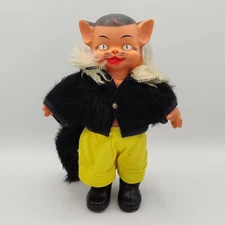 Vtg Puss in Boots 11" Plastic Doll Molded Cat Face Faux Fur Coat & Tail Werewolf