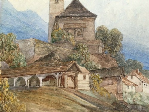 Aquarelle Paysage marin Village Ciel Montagne Eglise bateaux barques ITALIE ? - Photo 3/11