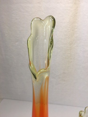 Pair Of Viking Glass 6 Petal Persimmon Orange Epic Line Swung Vases 16” And 10” - Picture 5 of 14
