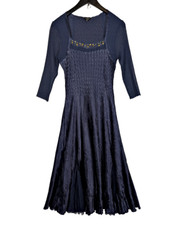 KOMAROV Embellished Rhinestone Navy Ice Crinkle Pleat Chiffon Dress Size M $292