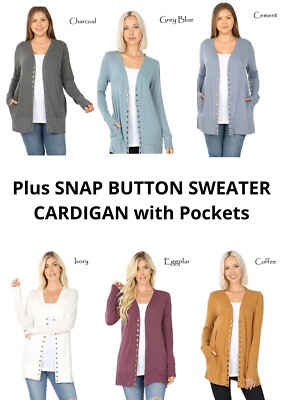 NWT Designer Boutique Plus SNAP BUTTON SWEATER CARDIGAN w/ Pockets L XL 1X 2X 3X