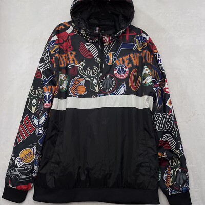 UNK NBA Team Logos Jacket Hood Men 2XL XXL All Over Basketball Teams Print EUC
