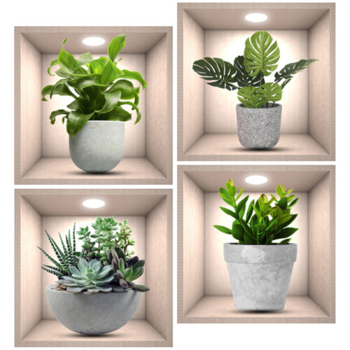  4 Pcs Wall Sticker Living Room Green Plants Realistic Paper Applique - Afbeelding 1 van 16