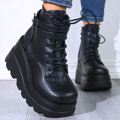 Women Punk Platform Wedge Chunky Lace Up Shoes Buckle Goth High Heel Ankle Boots - Picture 3 of 15