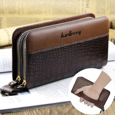 Mens Leather Clutch Wallets Business Large Clutch Bag with Double Zipper Coffee 