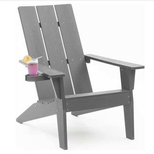 Charcoal Grey Polywood Adirondack Chair with Cup Holder, Outdoor Patio