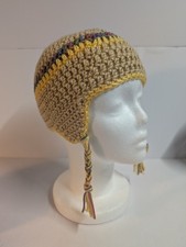 Handmade Crochet Hat Beanie Soft Striped i Winter Cap Ear Flaps Tan Yellow Multi