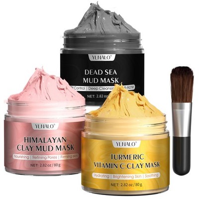 3 Pcs Clay Facial Mask Set - Turmeric Vitamin C Dead Sea and Himalayan Clay S...