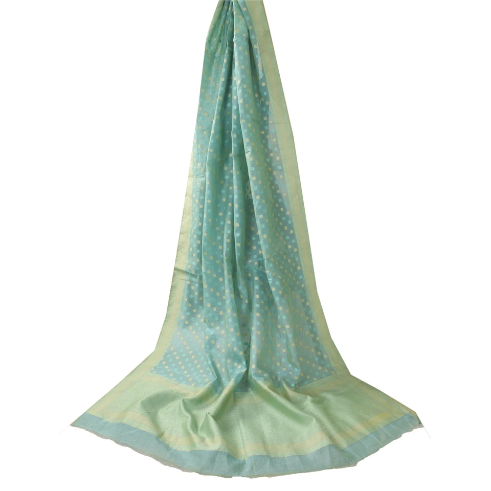 Hiyab premium tejido de algodón mezcla de estola larga Dupatta azul aguamarina Sanskriti vintage  Foto 2 de 4