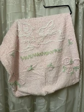 Limited Edition Amy Coe Chenille Baby Blanket Pink Green Bunny Flower 40x30"