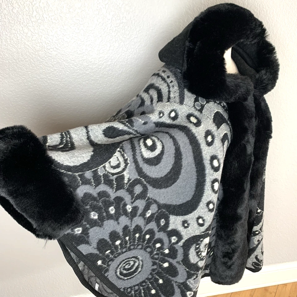 Poncho con capucha para mujer talla única ribete de piel sintética negro gris estampado floral nuevo con etiquetas Foto 2 de 4
