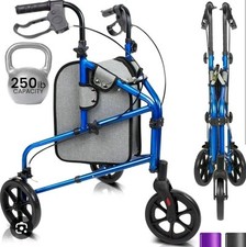 Vive Health Lightweight Folding 3 Wheel Rollator  Storage Blue