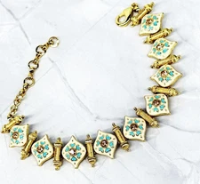 Victorian Revival Turquoise Enamel Ornate Goldtone Link Bracelet Adjustable RS