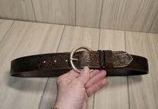 Vintage Western Hand Tooled Brown Leather Belt Full Grain Womens Size L