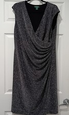 Lauren Ralph Lauren 14W Black Silver Sheath 42" Dress Drape Ruched Stretch Lined
