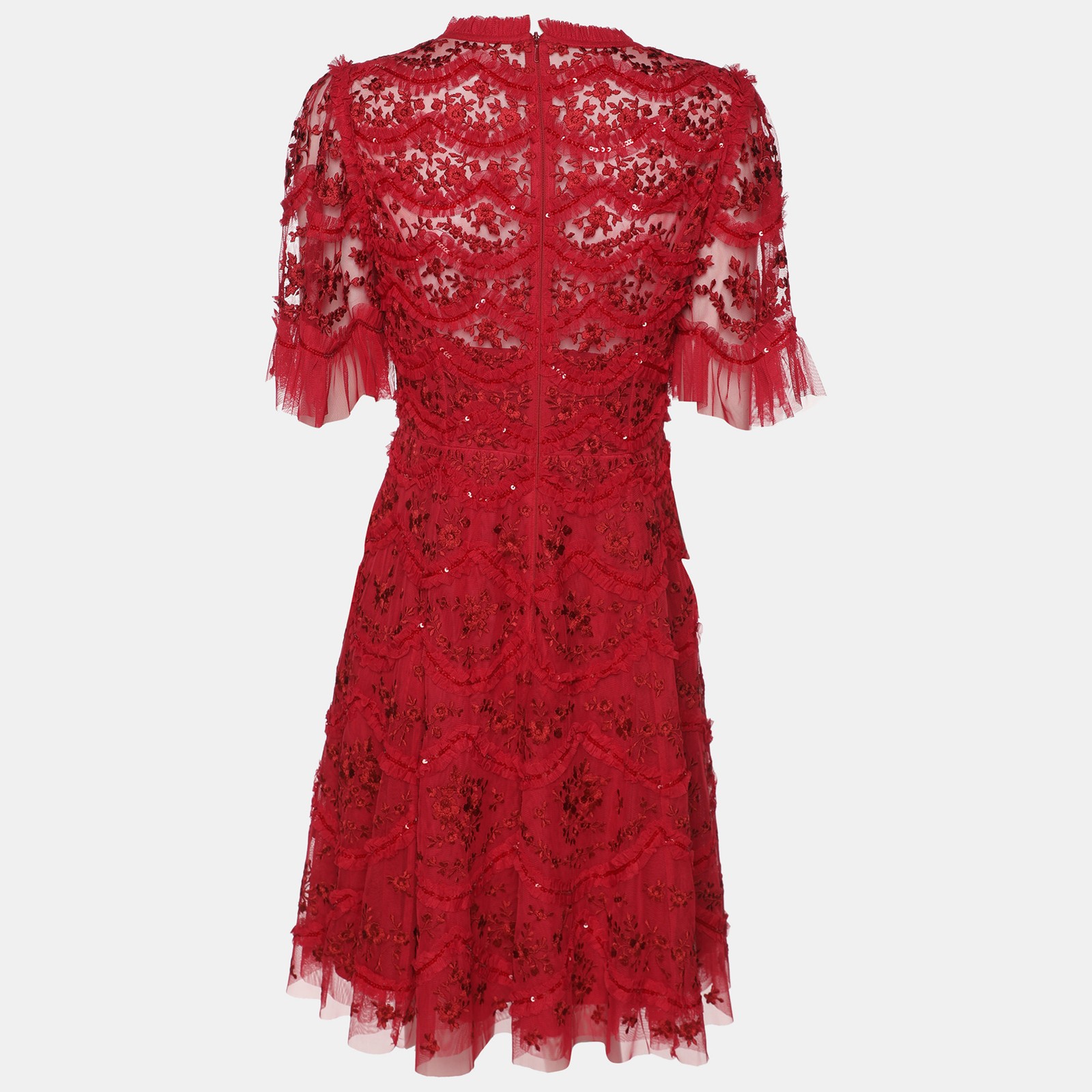 Needle & Thread Red Mesh Embroidered Liliy Bloom Mini Dress S