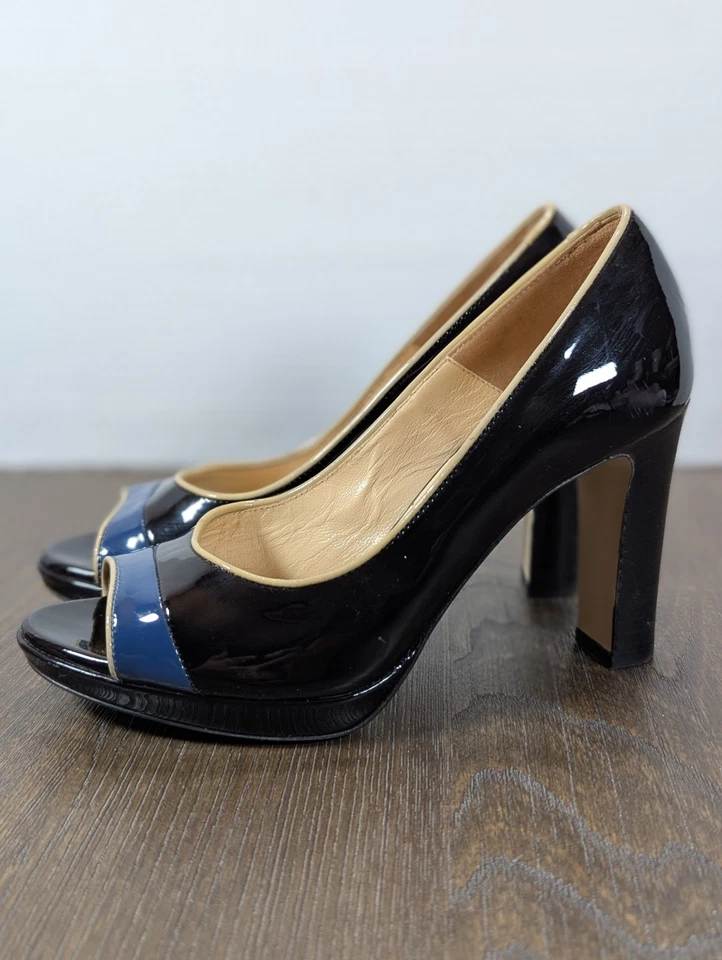 Zapatos de tacón MARVIN K Peep Toe charol para mujer 6 negros azules hechos en Italia Foto 2 de 4