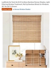 LazBlinds No Tools  No Drill Cordless Bamboo Roman Shade Blind 26 X 64 Brown