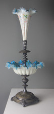 Victorian Decorated Blue Cased Glass Centerpiece Epergne on Metal Stand 24.5" H