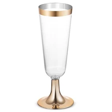 50 Plastic Gold Rimmed Champagne Flutes | 5.5 oz. Clear Hard Disposable Party...