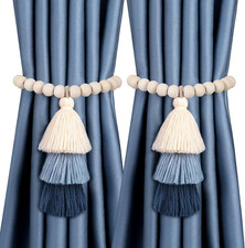 2 Pack Magnetic Curtain Tiebacks with 3-Tier Tassel, Wood Bead Curtain Holdbacks