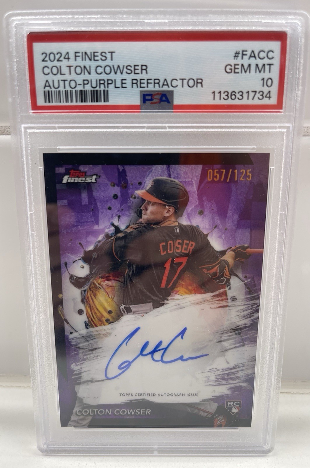2024 Topps Finest Colton Cowser Auto Purple Refractor /125 PSA 10 GEM