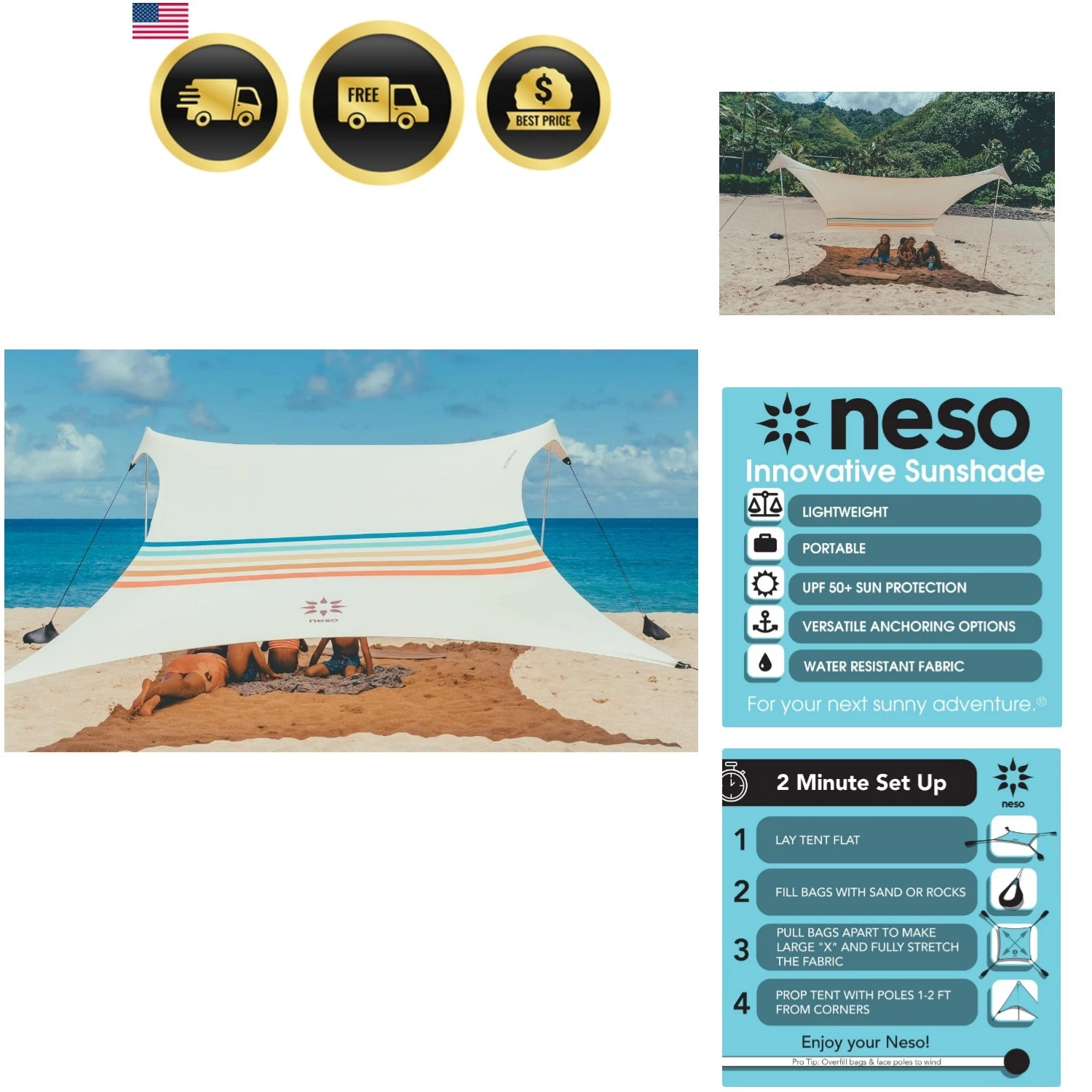 Portable Beach Canopy Sunshade Tent UV Protection Sand Anchor 7x7 Easy Setup