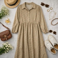 ASOS Crinkled Poly Elastin L Sleeve Green Yellow Floral Country Dress Ladies Sz