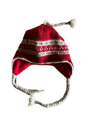 Everest Designs 100% Wool Knit Hat Red Earflaps Fleece Lined Nepal Fair Isle
