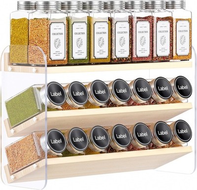 Clear Spice Rack Organizer Cabinet 3 Tiered Vertical Spice Shelf Wooden