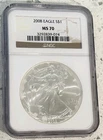 2008 S$1 American Silver Eagle Coin NGC MS 70 Brown Label