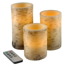 3 Piece Real Wax LED Flameless Candle Set with Remote and Timer Birch Bark