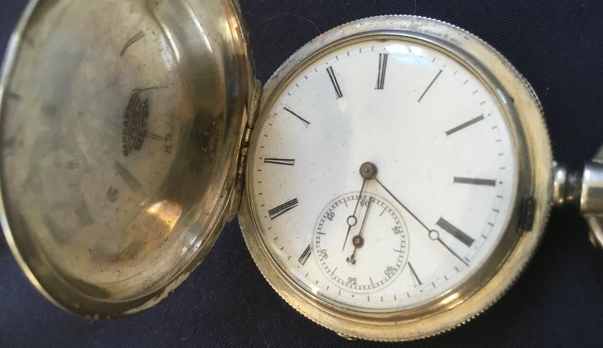 Antique HUGUENIN CO Coin Silver Hunter s case pocket watch w key chain Runs