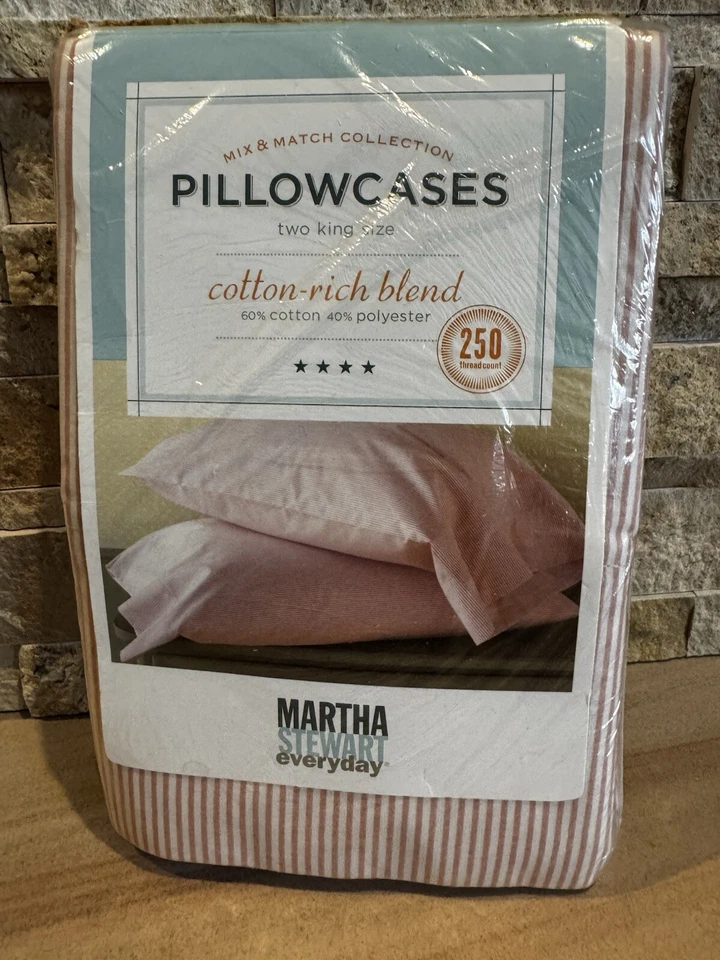 Martha Stewart Everyday 2 King Pillowcases Pink Peony Pinstripe Cotton Blend NWT - Image 2 of 4