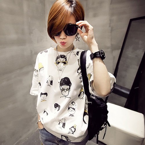 Korean Women Bandage Short Sleeve T-Shirt Blouse Tops Loose T Shirt Cartoon Tops