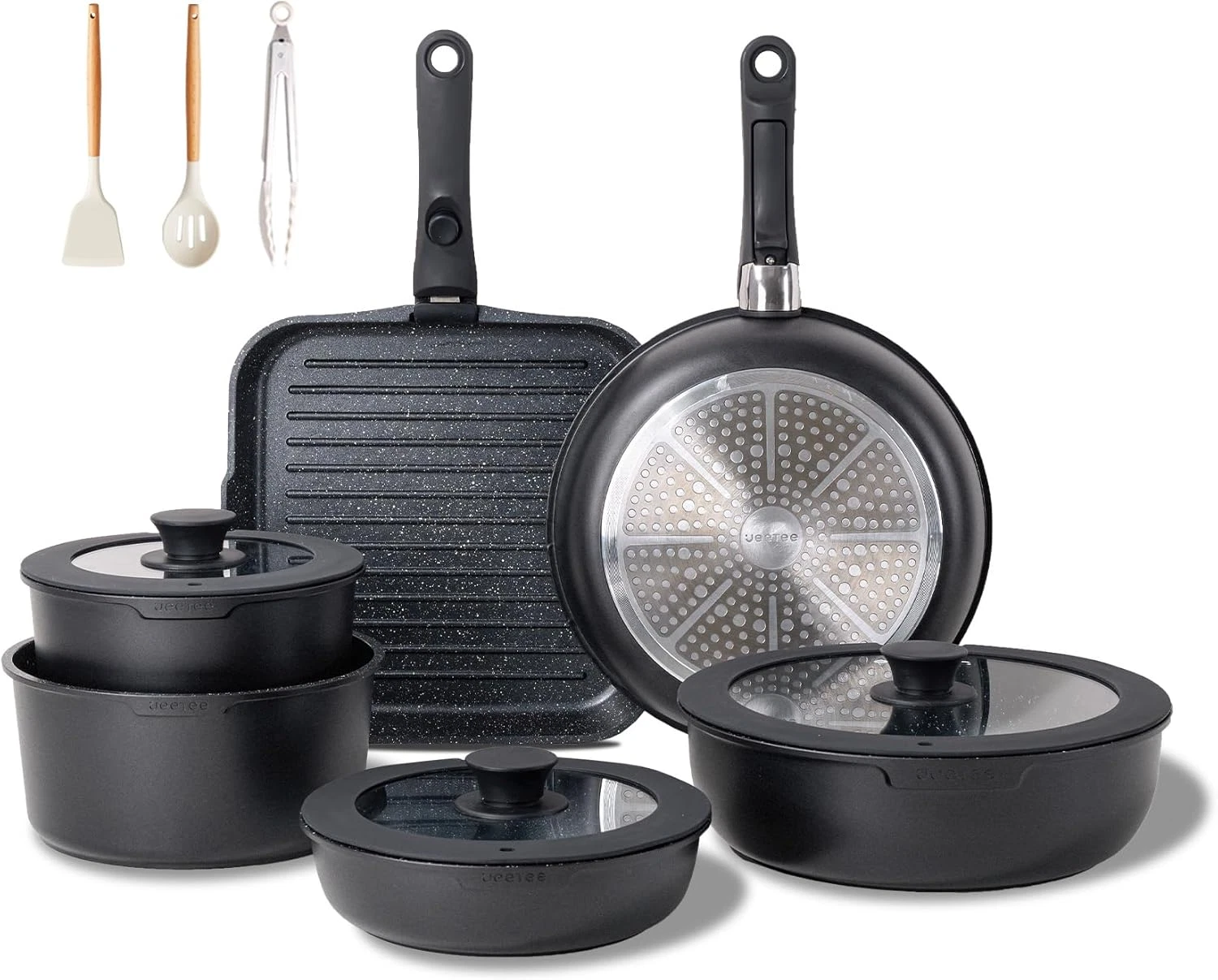 25-Piece Non-Stick Cookware Set with Removable Handle, Induction Safe, Black