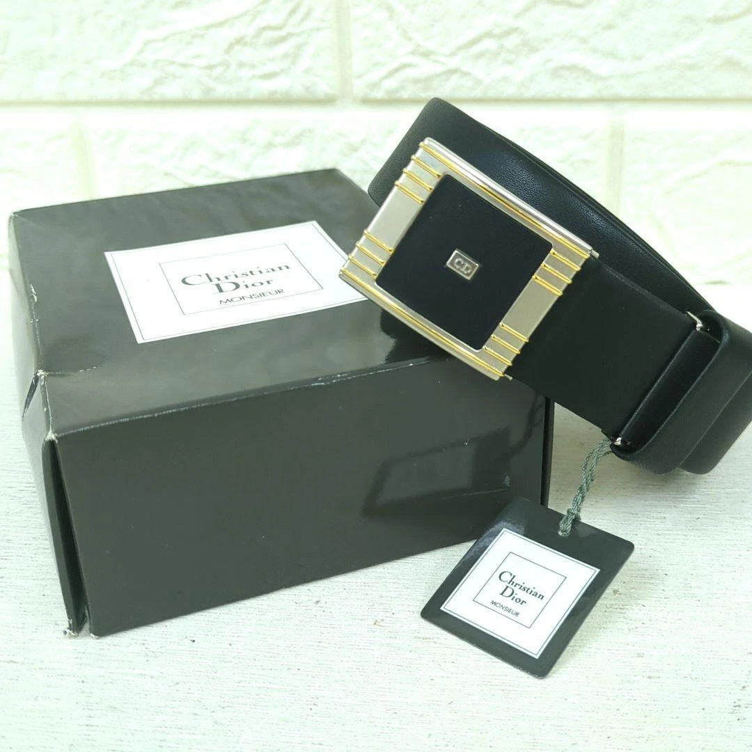 Christian Dior Ceinture Homme CD Cuir Noir Argent Or Authentique