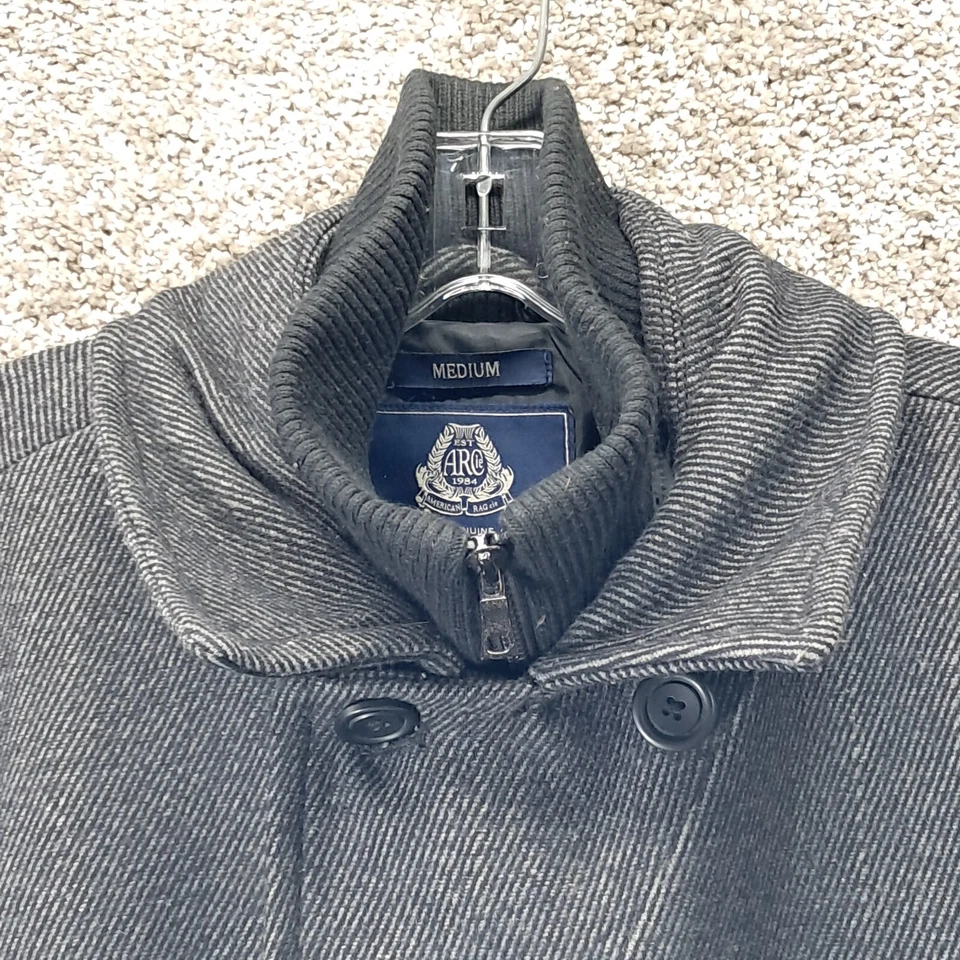 American Rag Men's Pea Wool Coat Button Zip Lined Stripped Gray Medium - Image 3 of 4