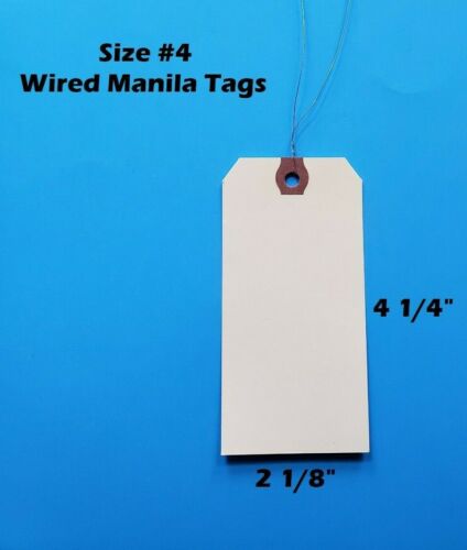 100 Pack 4 1/4" x 2 1/8" Size 4 Manila Inventory Pre Wired Hang Tags Wire Strung - Picture 1 of 3